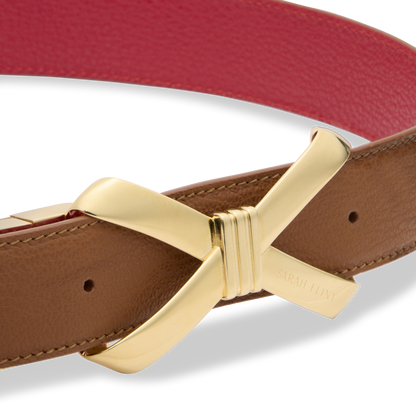 Bow Logo Reversible Belt in Cognac and Cherry Calf