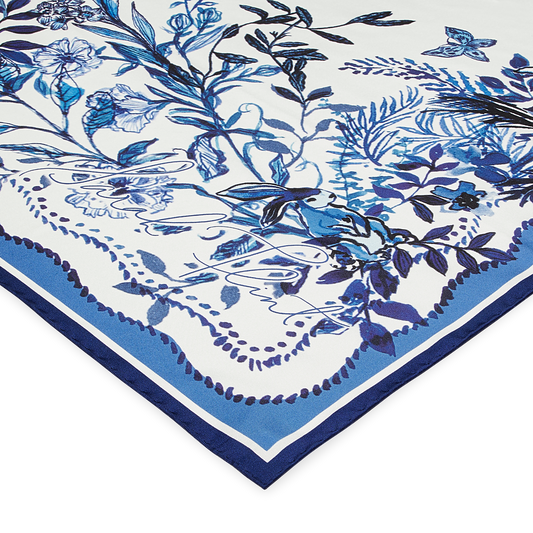 Hidden Garden Scarf 90 in Flora Blue Silk