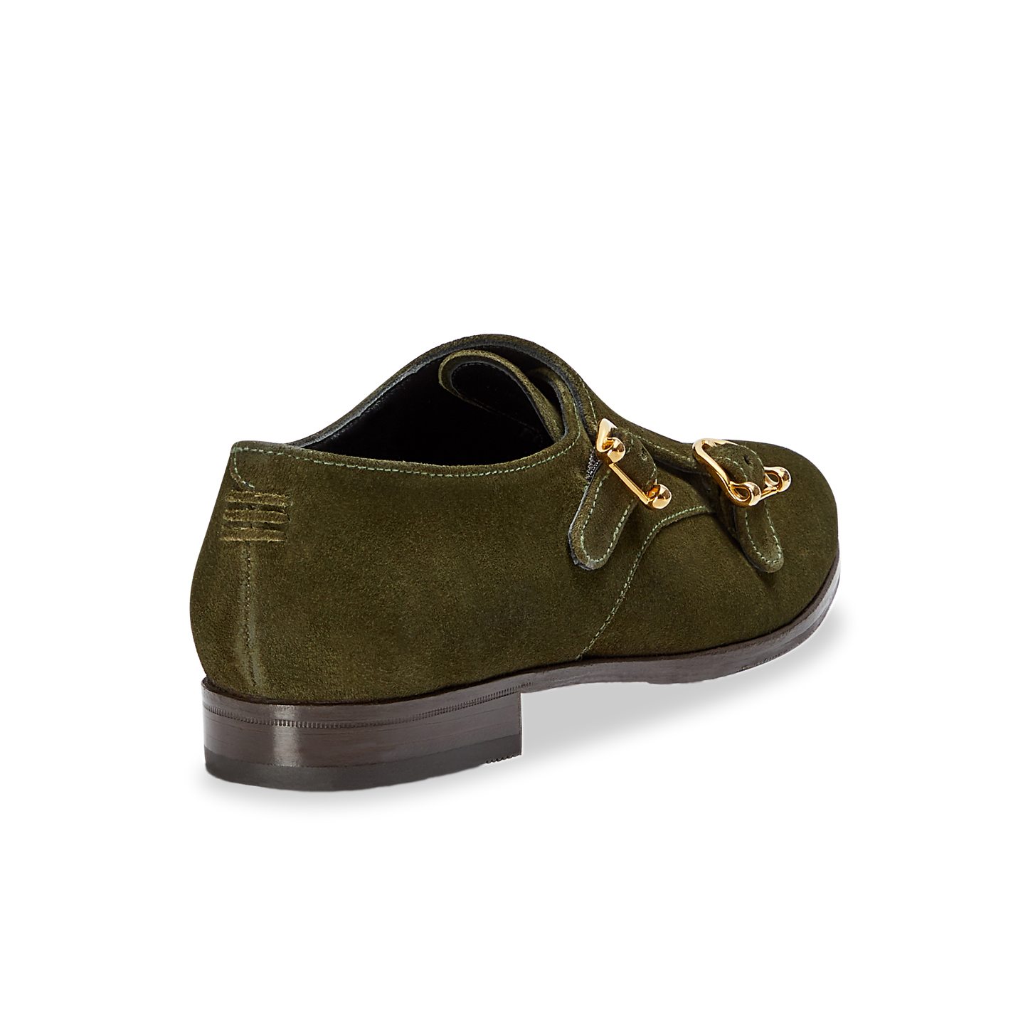 15mm Italian Made Almond Toe Double-monk strap Loafer Flat in Olive Crosta