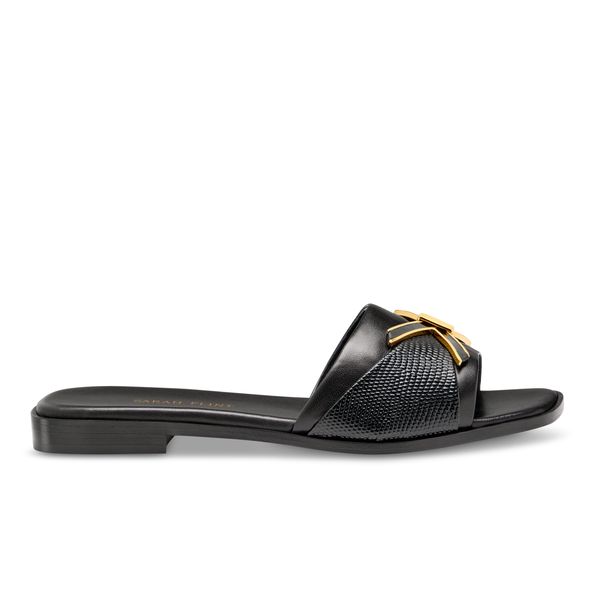 Mirjana Hardware Sandal in Black Nappa And Lizard Embossed Calf