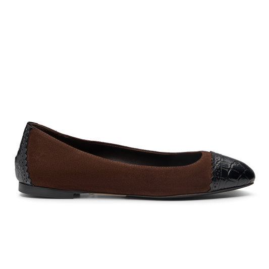 Sarah Flint X Mary Orton Cap Toe Flat in Deep Espresso Suede