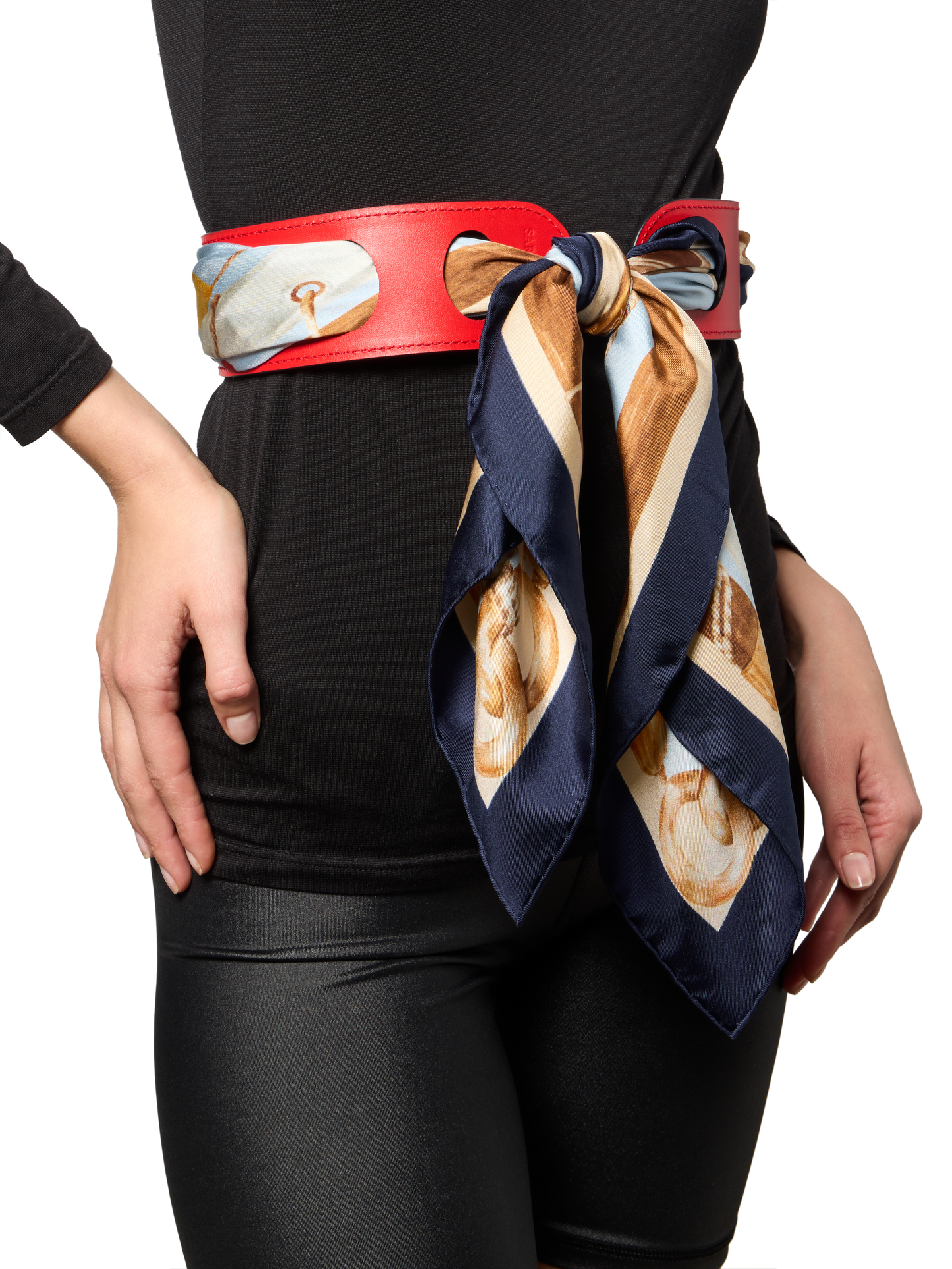 Reversible Scarf Waist Belt in Navy And Red Calf