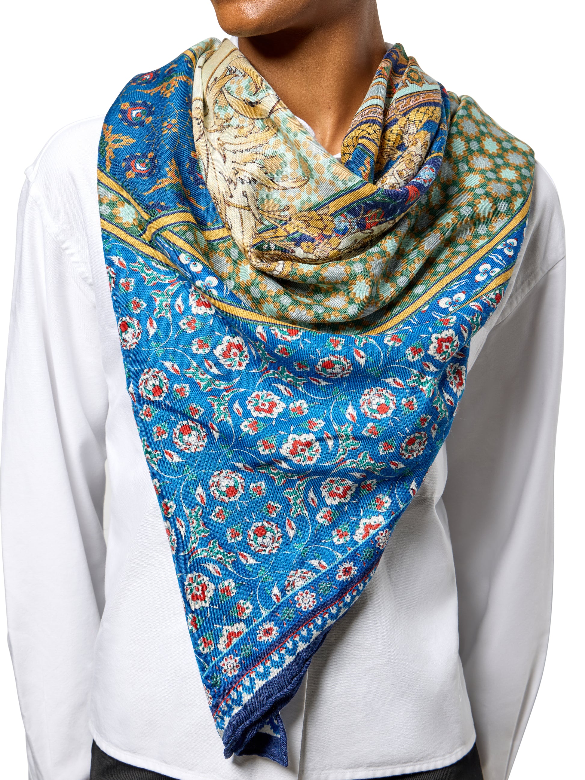 Mosaic Garden Scarf 140 in Sapphire Floral Cashmere Silk