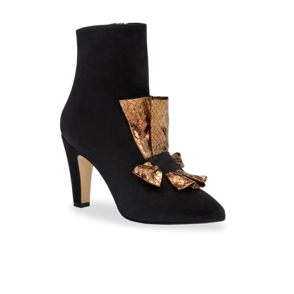 Perfect Abigail Bow Bootie 90 in Black Suede and Gold Embossed Leather