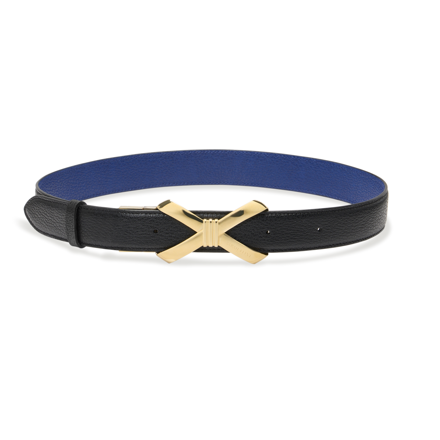 Bow Logo Reversible Belt in Black and Cobalt Calf