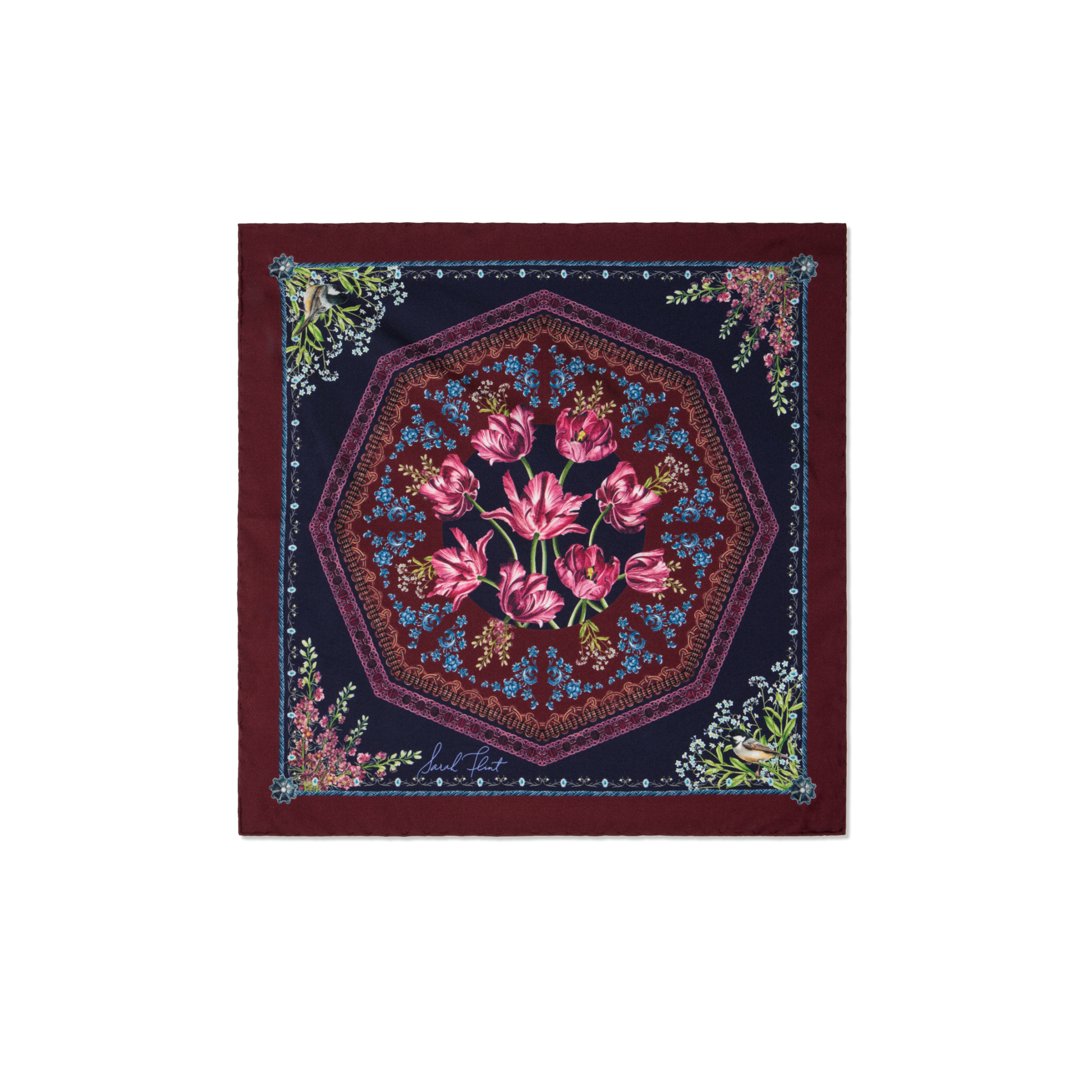 Filigree Floral Scarf 45 in Navy Flora Silk