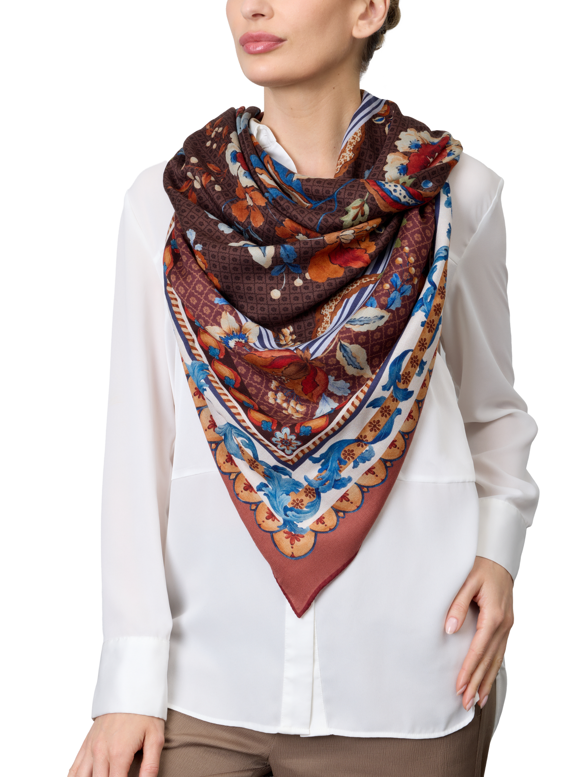 The Dashwood Floral Scarf 140 in Chocolate Cashmere-Silk
