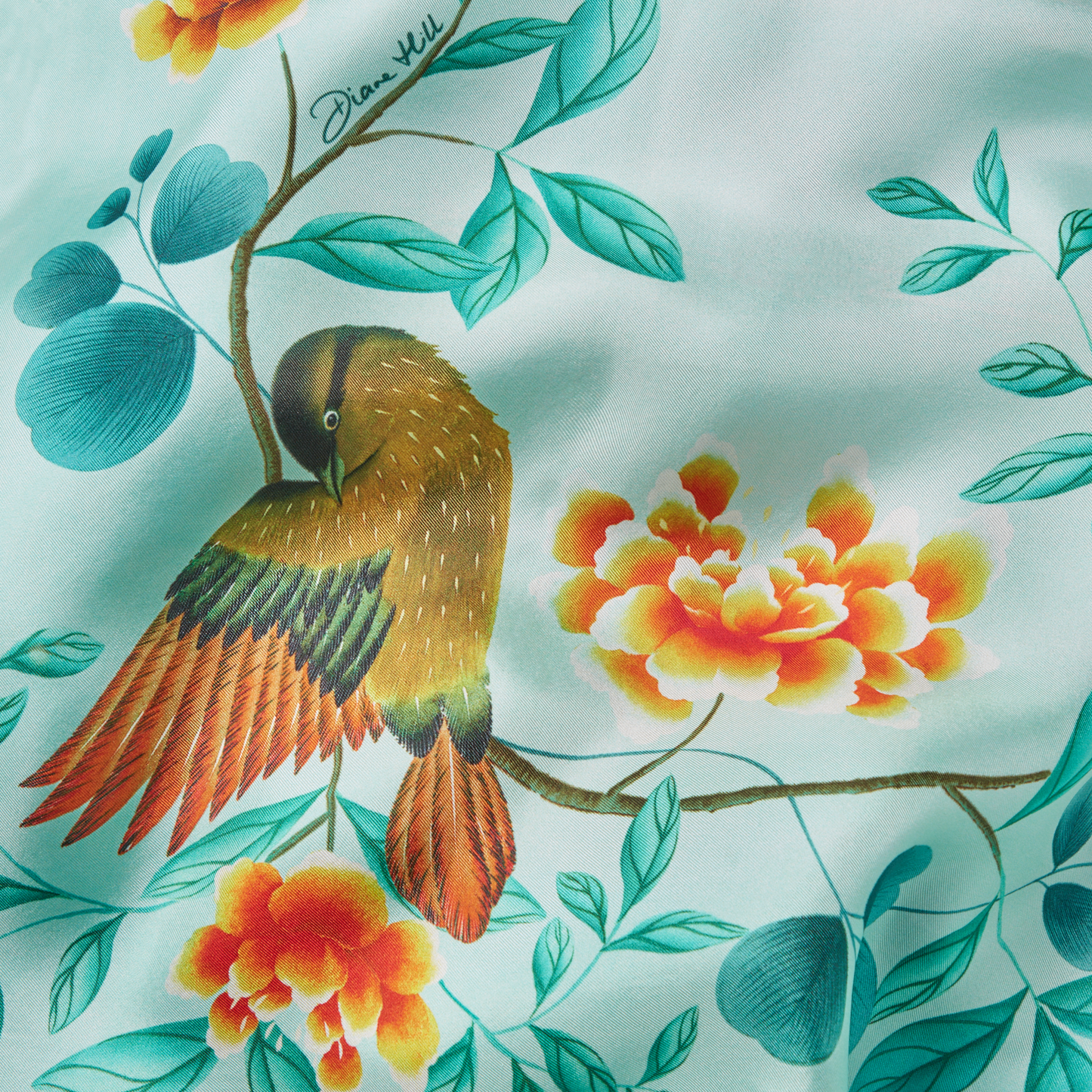 Hand Painted Italian Made Birdsong Scarf 90 in Teal Silk