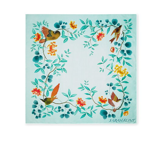 Hand Painted Italian Made Birdsong Scarf 90 in Teal Silk