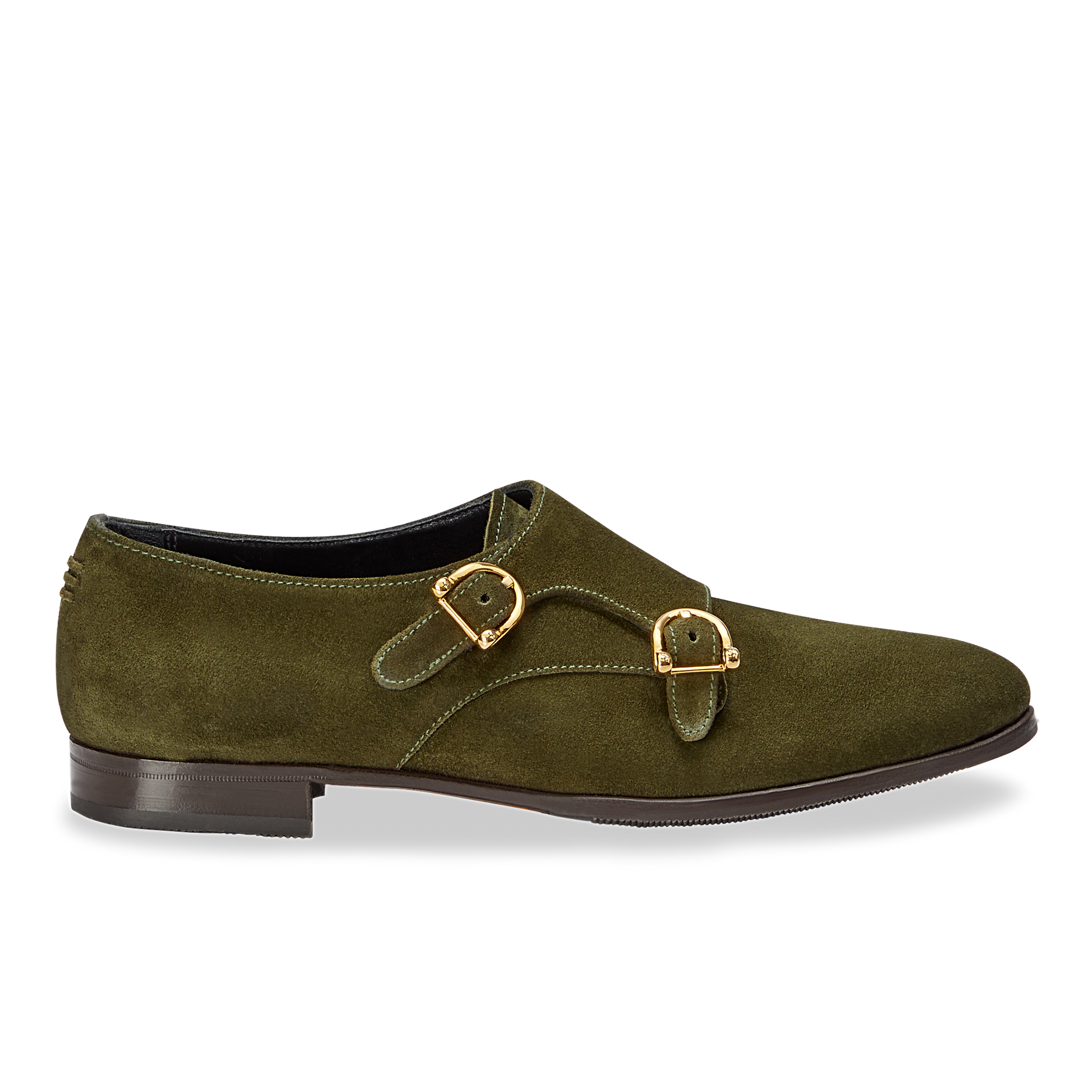 15mm Italian Made Almond Toe Double-monk strap Loafer Flat in Olive Crosta
