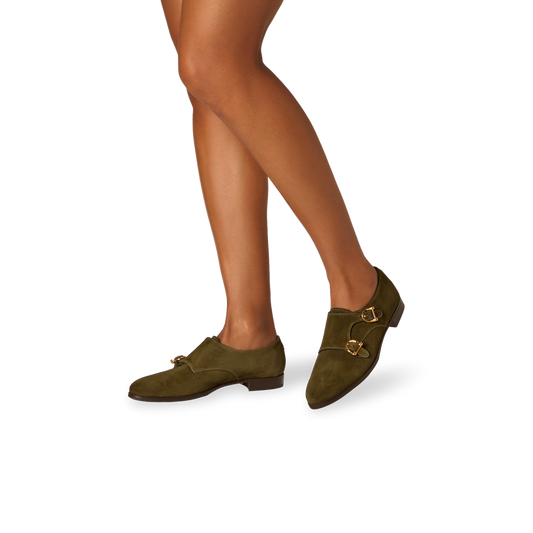 15mm Italian Made Almond Toe Double-monk strap Loafer Flat in Olive Crosta