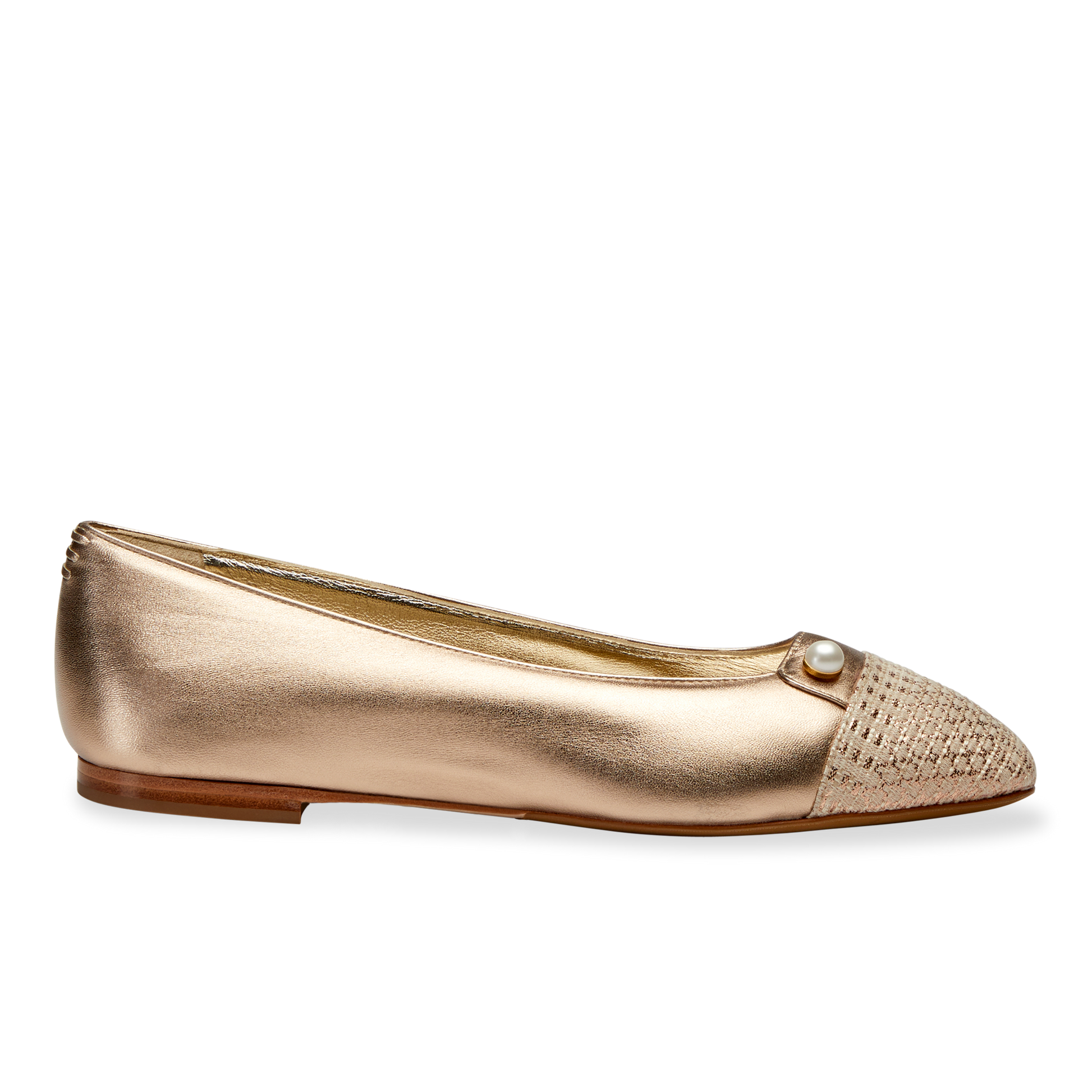 A soft and flexible version of the classic ballet flat, in rose gold nappa with a shimmer textile cap toe.